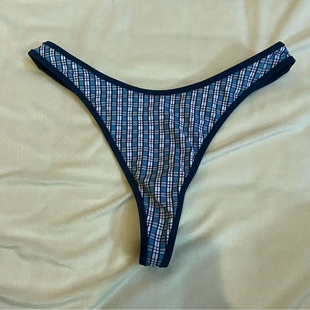 New! Frankie's Bikinis PINK moon bay Navy Plaid thong Bikini Bottom 1573